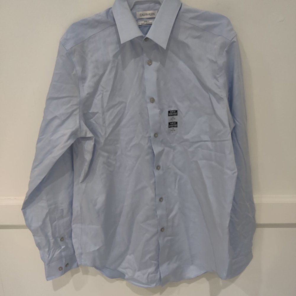 SOILED Calvin Klein Mens Slim Fit Non Iron Dress Blue Sz 16 34/35 $75 3A001